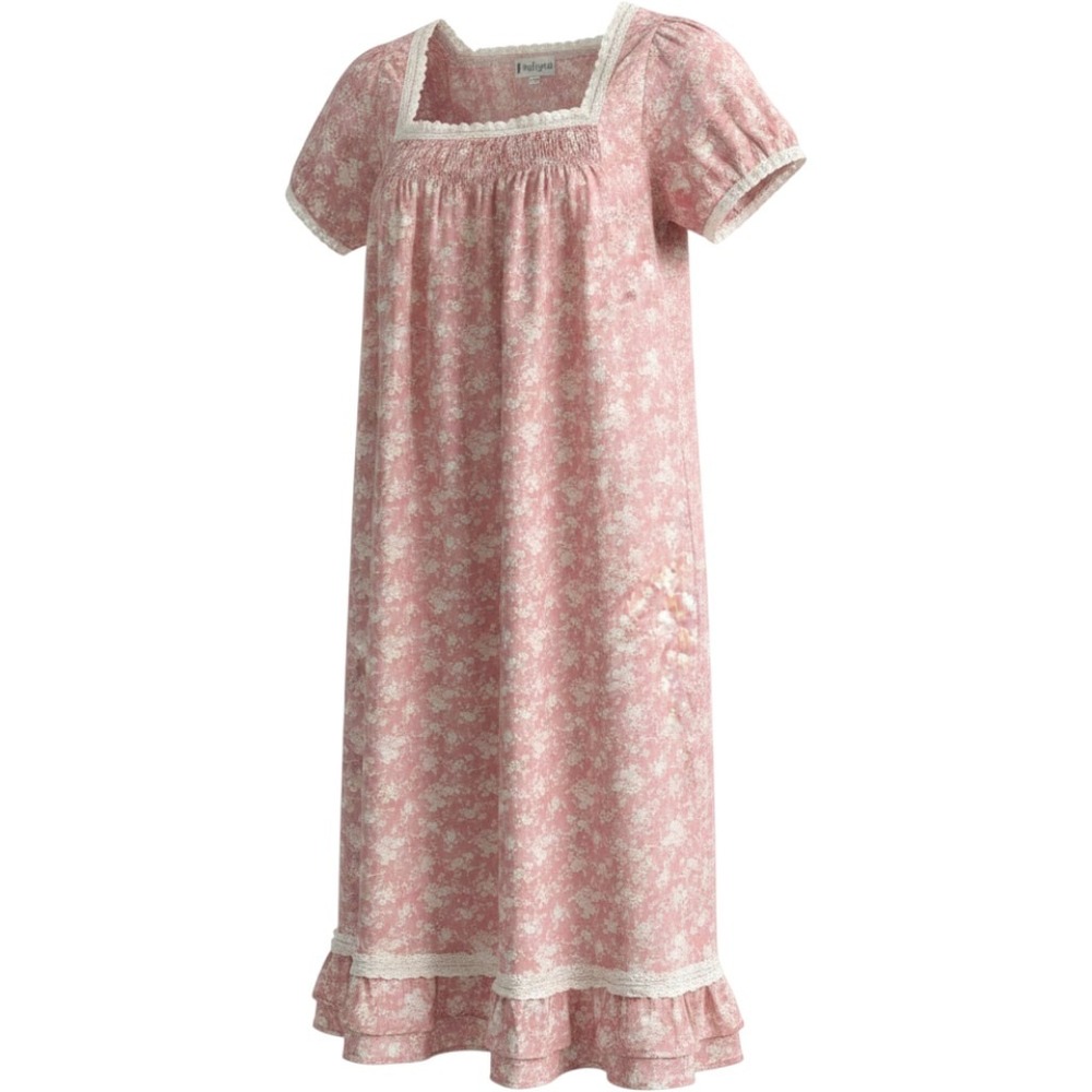 The 1 for U Pink Floral Cotton Nightgown Lace Trim Smocked Victorian Sleepwear L